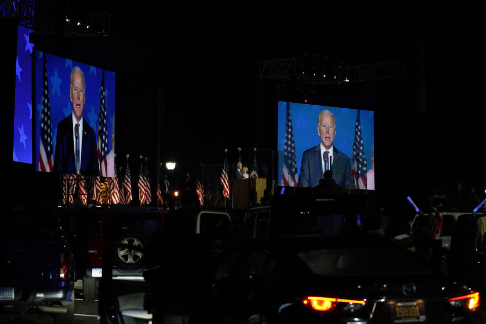 Democratic presidential candidate former Vice President Joe Biden speaks to supporters Wednesday, Nov. 4, 2020, in Wilmington, Del. (AP Photo/Carolyn Kaster)