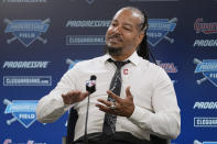 Former Cleveland baseball player Manny Ramirez answers a question during a news conference, Saturday, Aug. 19, 2023, in Cleveland. Ramirez will be inducted into the Cleveland Guardians Hall of Fame before Saturday's game between the Detroit Tigers and the Guardians. (AP Photo/Sue Ogrocki)