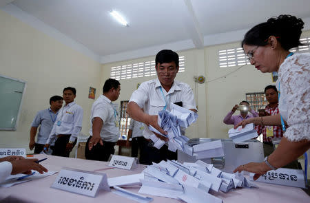 Members of the National Election Committee (NEC) count ballots during a senate election in Phnom Penh, Cambodia February 25, 2018. REUTERS/Samrang Pring