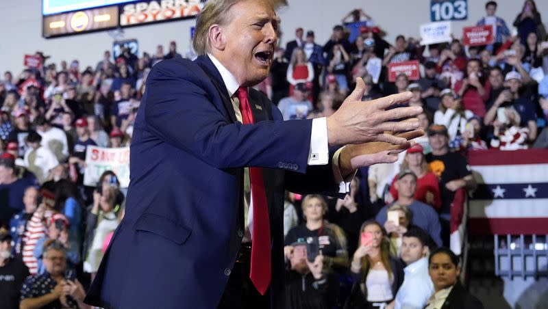 Former President Donald Trump gestures to the crowd after speaking at a Get Out The Vote rally at Coastal Carolina University in Conway, S.C., on Saturday, Feb. 10, 2024.