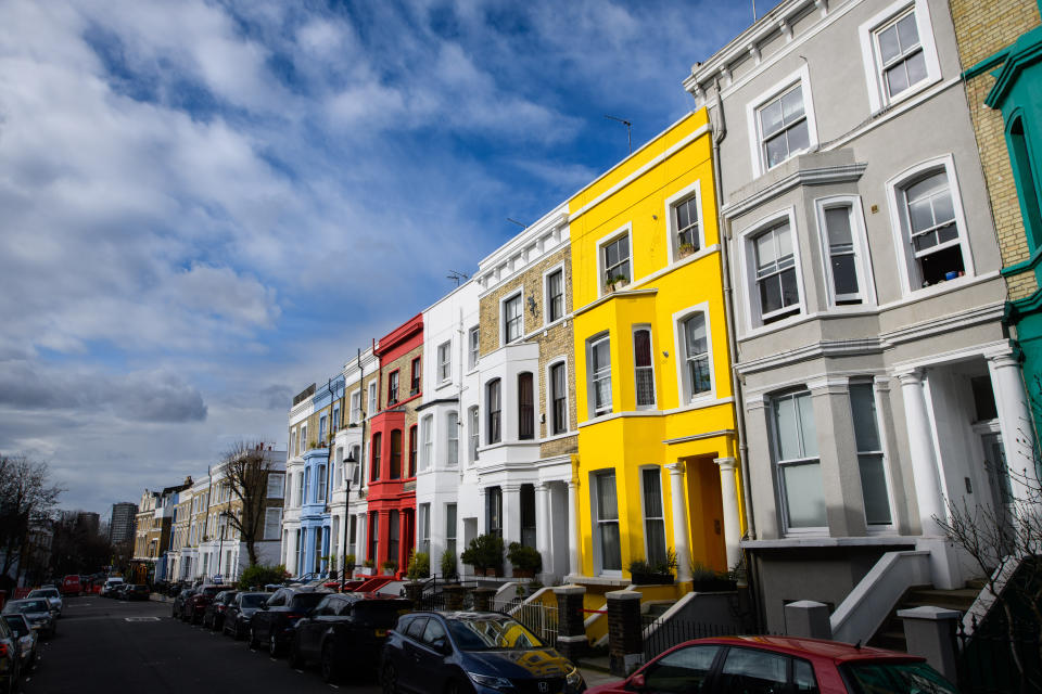 The average UK house price in November was £285,579. Colourful houses in Notting Hill, west London. The stamp duty holiday announced in 2020 is expected to be extended until the end of June, as part of budget measures to be announced next week by chancellor Rishi Sunak. Picture date: Wednesday February 24, 2021. Photo credit should read: Matt Crossick/Empics