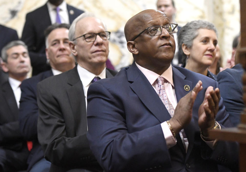 FILE - In this Feb. 5, 2020 file photo, Baltimore Mayor Bernard "Jack" Young applauds before Maryland Gov. Larry Hogan, not pictured, delivers his annual State of the State address to a joint session of the legislature in Annapolis, Md., (AP Photo/Steve Ruark)