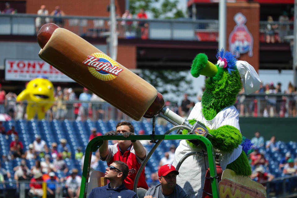 A Phillies fan was hit in the face by a flying hot dog from the Phanatic’s iconic hot dog gun on Monday night at Citizens Bank Park, and was sent to the hospital. (Getty Images)
