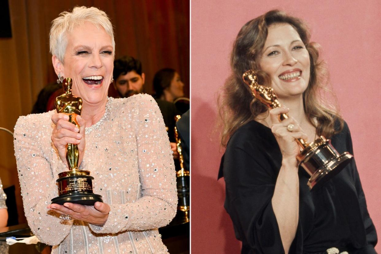 Jamie Lee Curtis at the 95th Annual Academy Awards Governors Ball held at Dolby Theatre on March 12, 2023 in Los Angeles, California. (Photo by Michael Buckner/Variety via Getty Images); Faye Dunaway Attends the 1977 Oscars (Photo by Tony Korody/Sygma/Sygma via Getty Images)