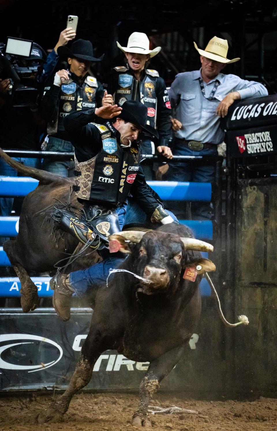 João Ricardo Vieira rides bull Nigel during the Texas Rattlers' game against the Austin Gamblers on the second day of competition at Gambler Days at the Moody Center, Saturday, Aug. 26, 2023 in Austin. Teams from Oklahoma, Missouri, The Carolinas, Arizona, Nashville and Kansas City as well as Austin competed in the event, part of Professional Bull Riding's team competition, which started in 2022. The Gamblers bear the Rattlers 175-87.50.