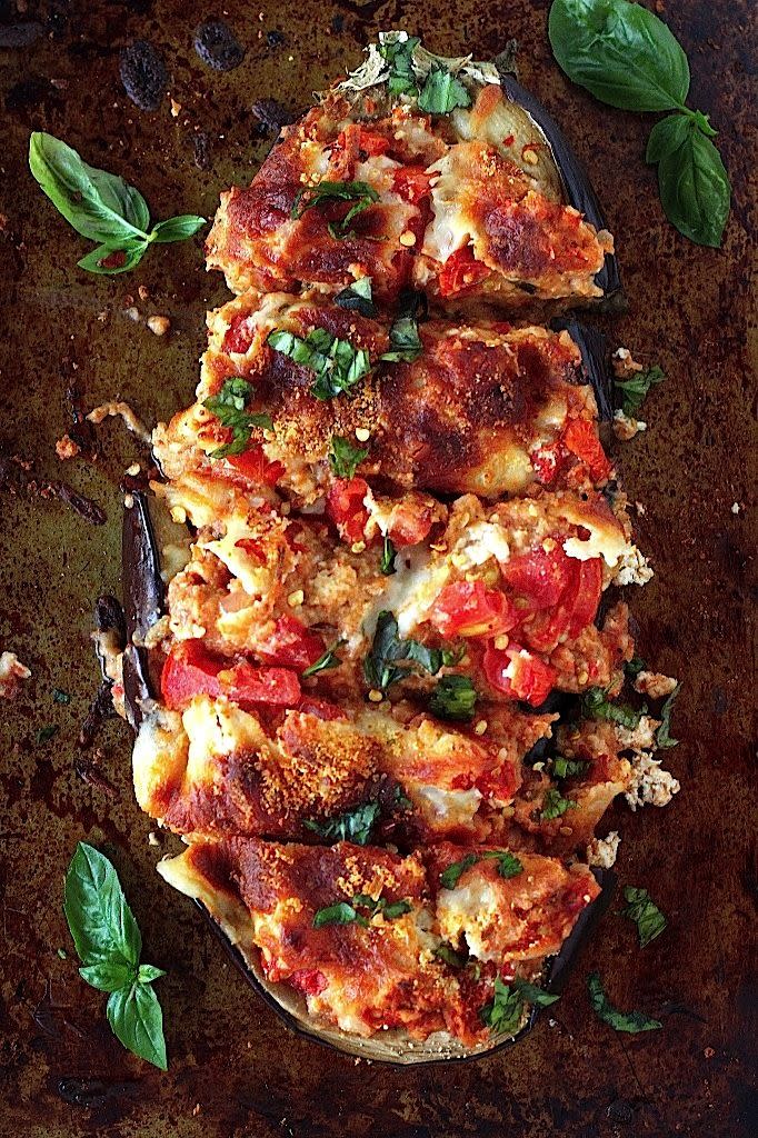 Skinny Sausage Parmesan Stuffed Eggplant