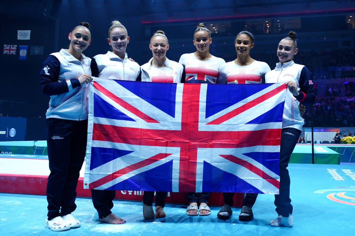 Great Britain’s Alice Kinsella, Jessica Gadirova, Jennifer Gadirova, Georgia Mae Fenton and Ondine Achampong celebrate winning silver in the women’s team final at the World Gymnastics Championships (Peter Byrne/PA) (PA Wire)