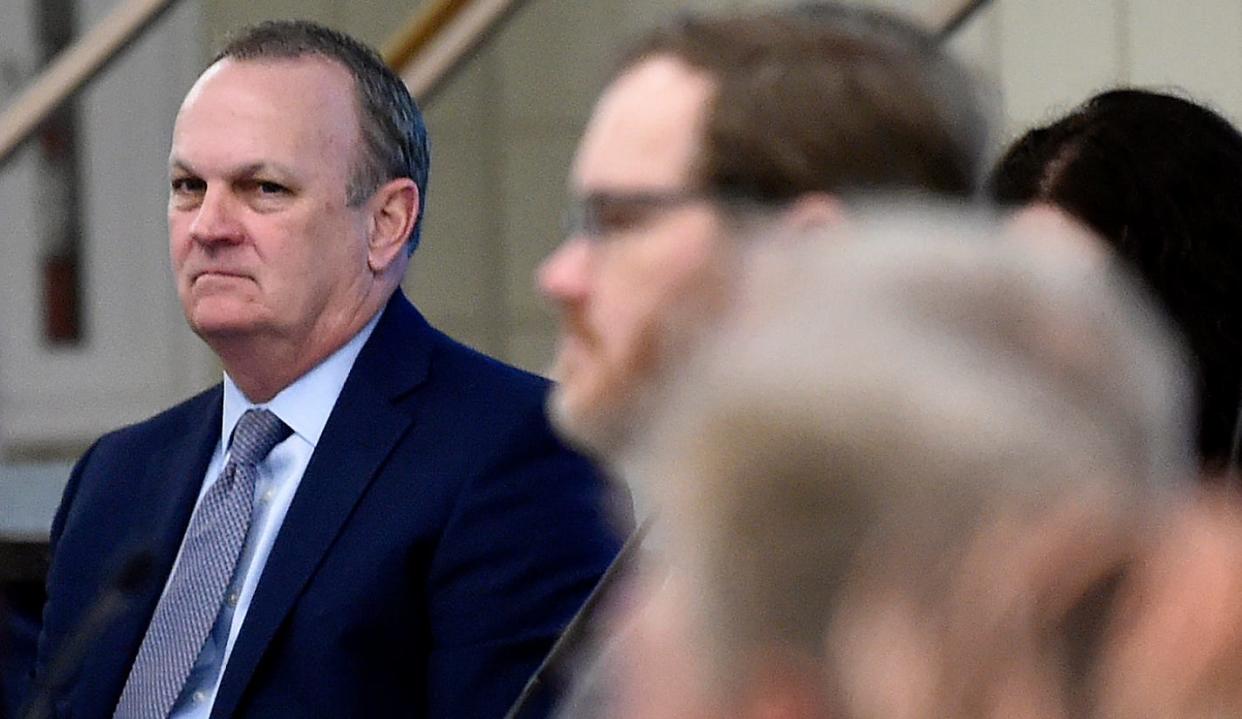 The facial expression of Richard Corcoran the new interim president of New College of Florida during the board of trustees meeting on Tuesday Feb. 28, 2023.