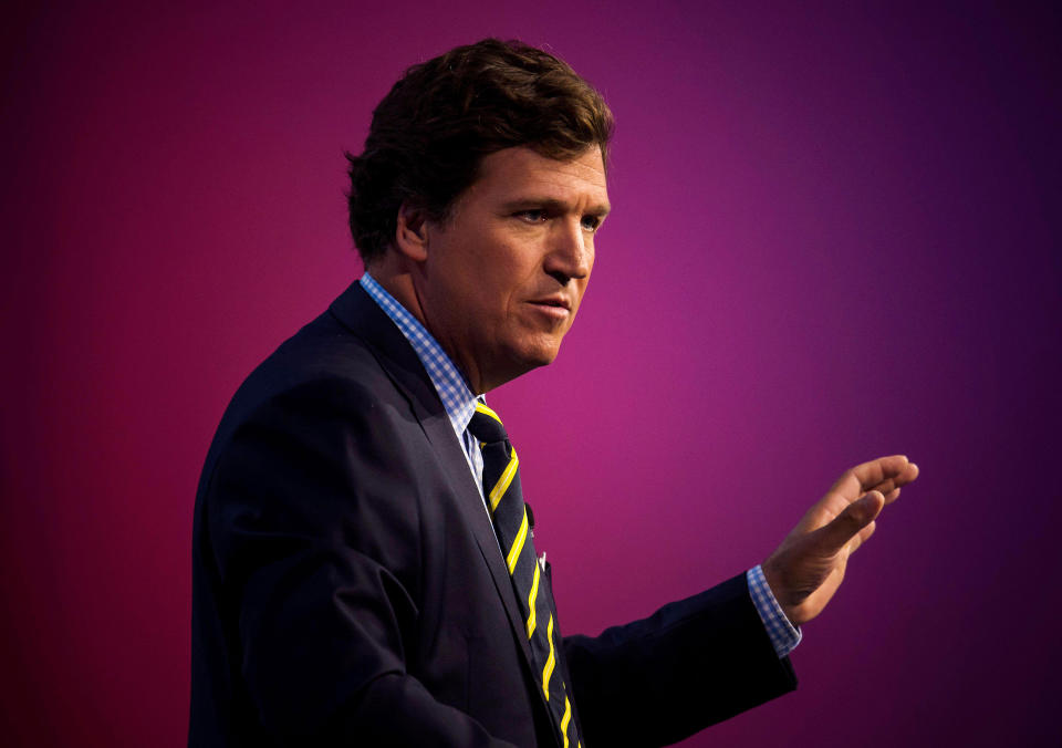 Des Moines, Iowa, USA. 15th July, 2022. FOX TV's TUCKER CARLSON addresses the 2022 Family Leadership Summit at the Community Choice Credit Union Convention Center. The annual summit brings to the Midwest prominent, national leaders from a variety of field (Brian Cahn / Zuma Press via Alamy file)