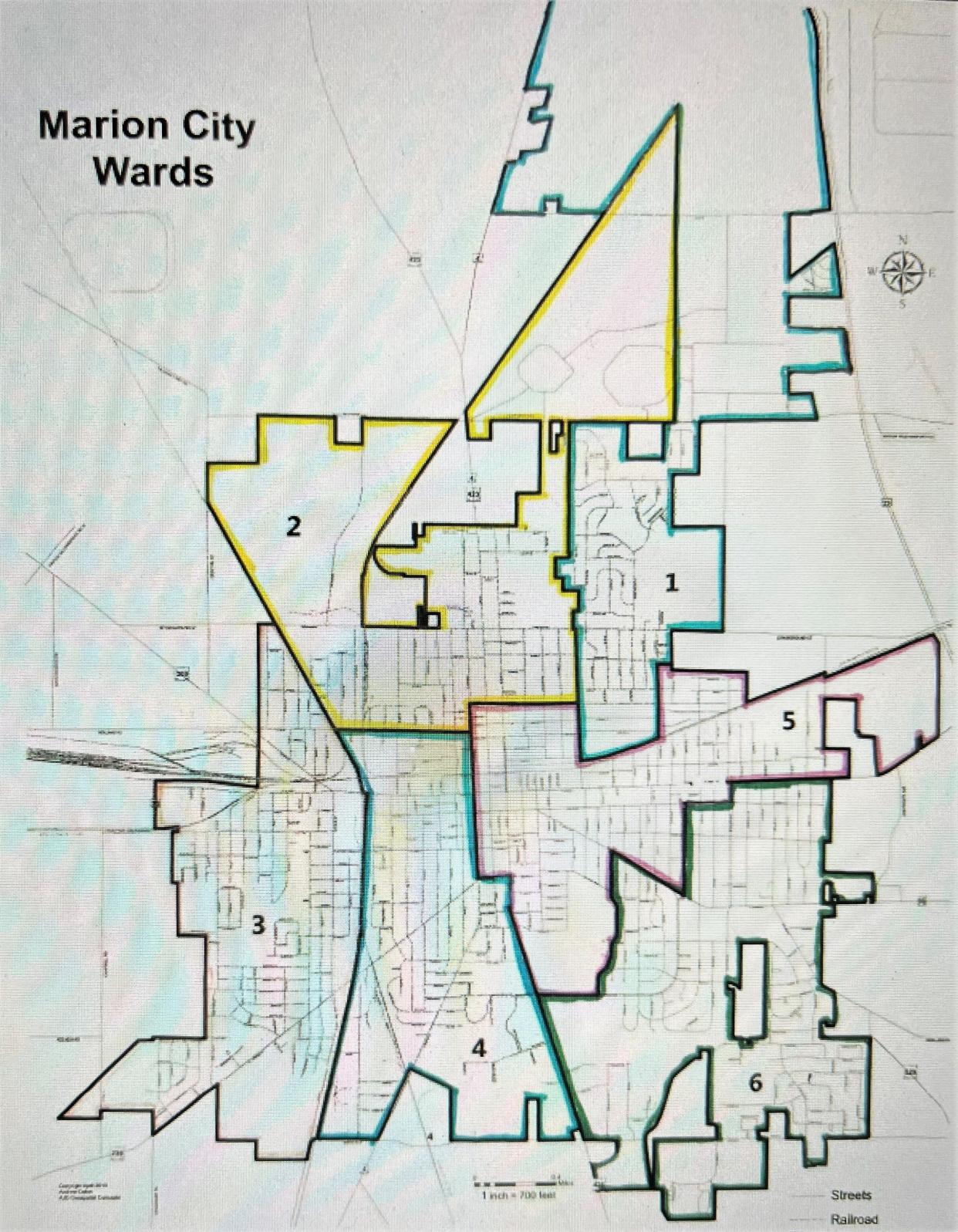 This map shows the six wards in the City of Marion after redistricting was completed. The city had to make changes in three wards following the 2020 U.S. Census, which saw Marion's population decrease by 838 people from 36,837 to 35,999. Due to the changes made in the 6th Ward, the street where Councilman Mike Neff lives was transferred from the 6th to the 5th Ward. He was the only council member who was affected by the redistricting.