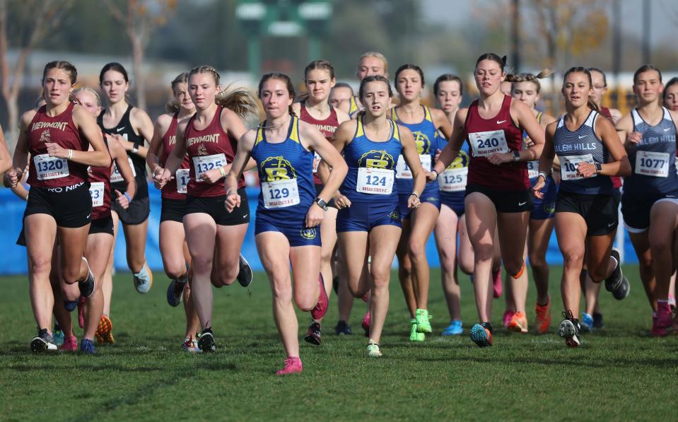 Action from the 5A girls cross-country state championship race at the Regional Athletic Complex in Rose Park on Tuesday, Oct. 24, 2023. | Jeffrey D. Allred, Deseret News