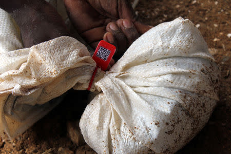 A bag of tantalum sealed in after being tagged and entered into the blockchain traceability system developed by British start-up Circulor Gatumba mine in Gatumba, Western Rwanda October 17, 2018. REUTERS/Clement Uwiringiyimana