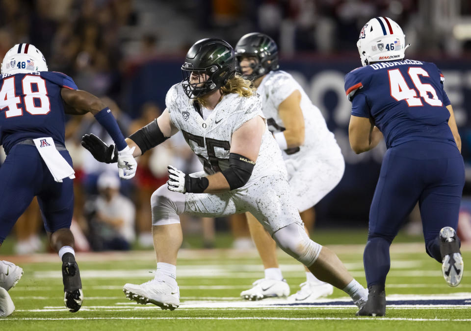 Oct 8, 2022; Tucson, Arizona, USA; Oregon Ducks offensive lineman T.J. Bass (56) against the Arizona Wildcats at Arizona Stadium. Mandatory Credit: Mark J. Rebilas-USA TODAY Sports