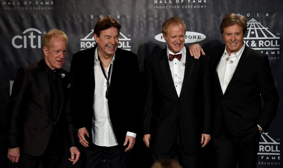 Chicago band members James Pankow, left, Walter Parazaider, Lee Loughnane and Robert Lamm pose in the press room during the 31st Annual Rock and Roll Hall of Fame Induction Ceremony at Barclays Center in Brooklyn, New York April 8, 2016.