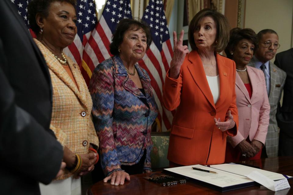 Nancy Pelosi responded with aplomb when asked how she dealt with Donald Trump’s insults, declaring: “I’m done with him. I don’t even want to talk about it.”After the president launched a series of attacks on the Democratic House speaker, calling her everything from “disgusting” to “a disgrace to herself”, Ms Pelosi said she would rather not spend her time taking about him.“I’m done with him,” she said, appearing at an event in Washington DC on fiscal policy, hosted by the Peter Peterson Foundation and first reported by The Hill. She added: “My stock goes up every time he attacks me, so what can I say. But let’s not spend too much time on that because that’s his victory, the diverter-in-chief, the diverter-of-attention-in-chief.”Mr Trump launched the attacks against Ms Pelosi, the most powerful Democrat, during a trip to Normandy, France, to mark the 75th anniversary of D Day. By tradition, US politicians avoid matters of domestic policy – and especially personal attacks – while on overseas trips. Ms Pelosi said she intended to continue that tradition, even if the president did not. She said the president sought to distract from his own behaviour on issues such as trade.She added: “What bothers me more is that we’re talking about that instead of how to reduce the national debt.”Ms Pelosi was also asked whether it was true she had told fellow Democrats she wanted to see the president in jail.Ms Pelosi replied: “When we have conversations in our caucus they stay in our caucus. Do people think there’s some impeachable offences that the president committed? Yes. How serious are they? Are they criminal? Many people think they are.”She said the possibility of impeaching Mr Trump remained on the table but doubted that House Democrats would pursue that route imminently.“It’s not even close in our caucus…why are we even speculating on hypotheticals.”