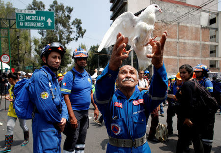 A rescue worker releases a white dove near a building that collapsed during the September 2017 earthquake in Mexico City, Mexico September 19, 2018. REUTERS/Gustavo Graf