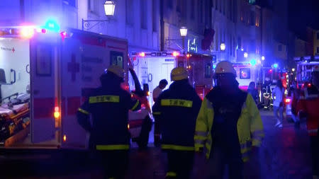 Emergency workers and vehicles are seen following an explosion in Ansbach, near Nuremberg July 25, 2016, in this still image taken from video. Courtesy News5/via Reuters TV