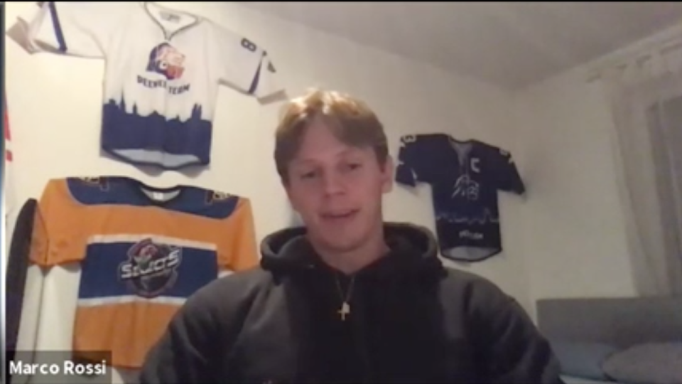 Top 2020 NHL draft prospect Marco Rossi talks on a Zoom call, Sept. 24, 2020.