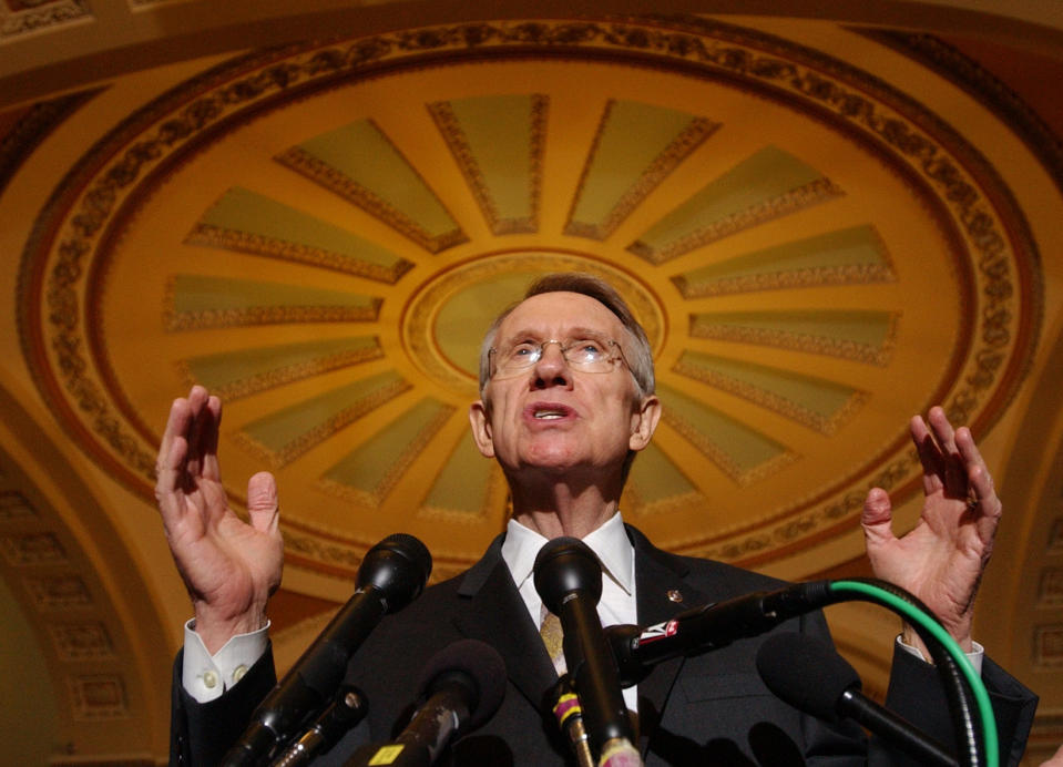 FILE - Senate Majority Leader Harry Reid of Nev., gestures during a news conference on Capitol Hill in Washington, on June 26, 2007. Reid, the former Senate majority leader and Nevada’s longest-serving member of Congress, has died. He was 82. (AP Photo/Dennis Cook, File)