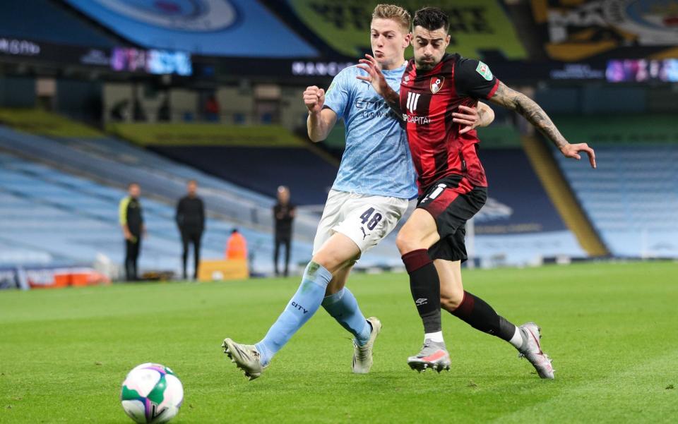 Liam Delap challenges Diego Rico for the ball - GETTY IMAGES