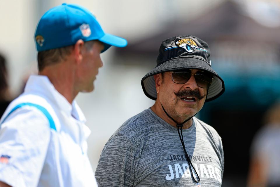 Jacksonville Jaguars GM Trent Baalke (L) and owner Shad Khan (R) cannot look at 2024 as anything less than a crossroad season for the franchise. Missing the playoffs again may well lead to bigger changes than what already happened after the 2023 season collapsed at the finish line.