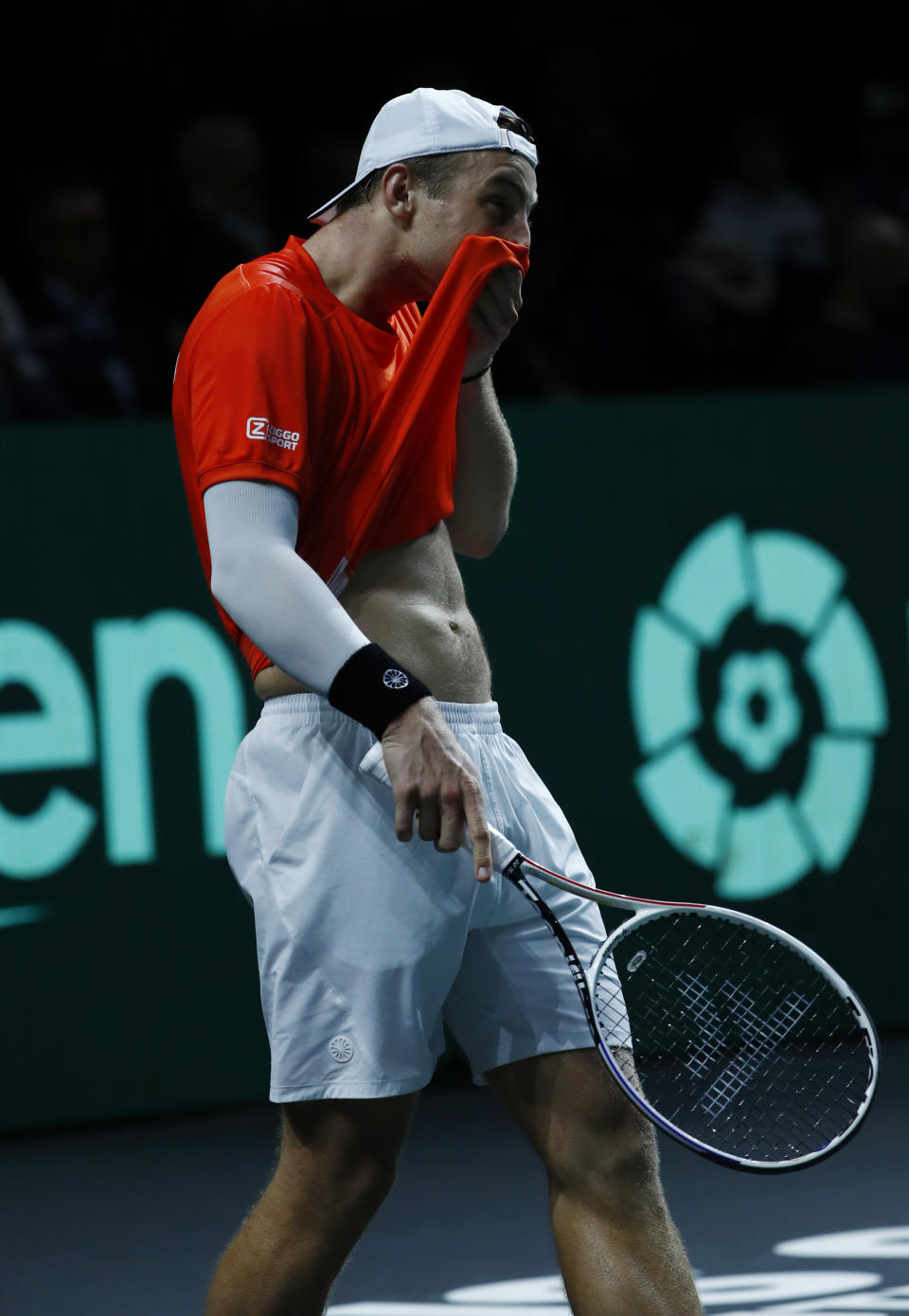 Netherland's Tallon Griekspoor reacts while playing against Australia's Jordan Thompson during a Davis Cup quarter-final tennis match between Australia and The Netherlands in Malaga, Spain, Tuesday, Nov. 22, 2022. (AP Photo/Joan Monfort)