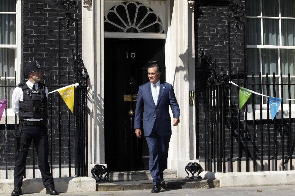 Republican presidential candidate, former Massachusetts Gov. Mitt Romney walks out of 10 Downing Street after meeting with British Prime Minister David Cameron in London, Thursday, July 26, 2012. (AP Photo/Charles Dharapak)