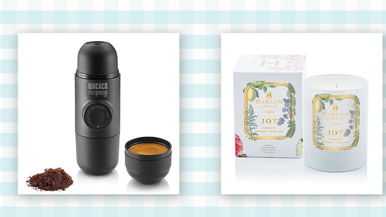 black portable espresso maker next to a white scented candle