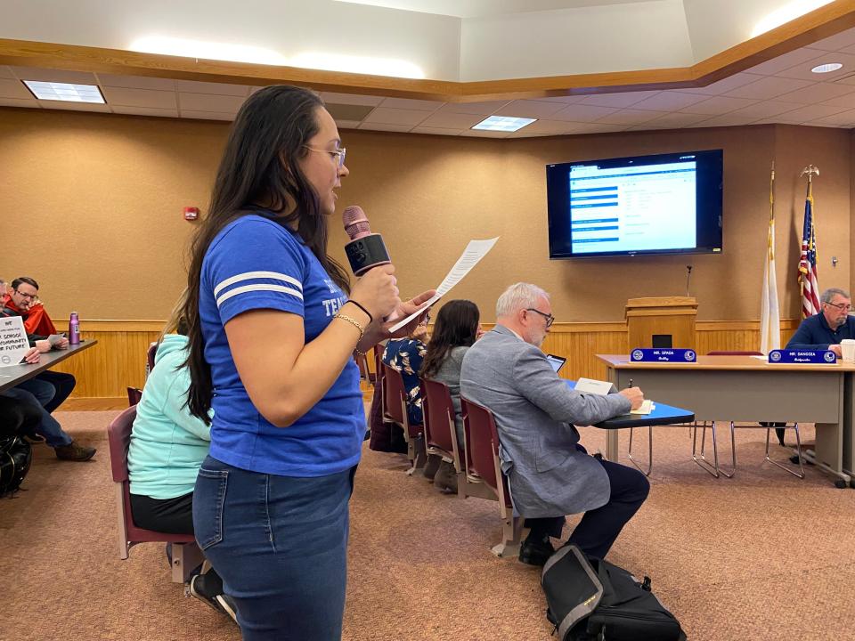 President of the Bristol-Plymouth Teachers Association Tasha Cordero speaks during public comment at the B-P school committee meeting on Wednesday, April 3, 2024.