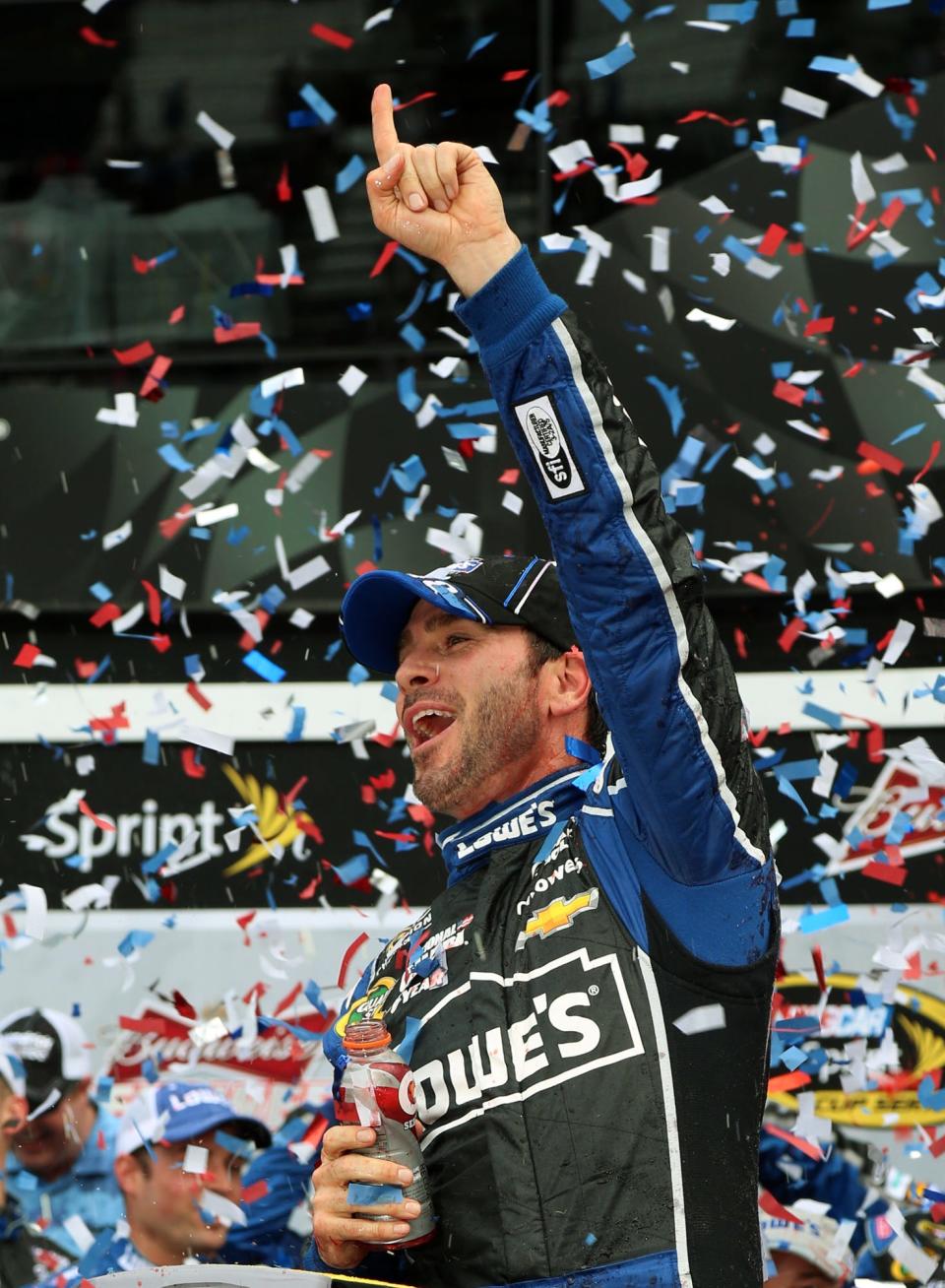 Jimmie Johnson celebrates after winning the  Daytona 500 at Daytona International Speedway in Daytona Beach, Sunday, February 24, 2013.