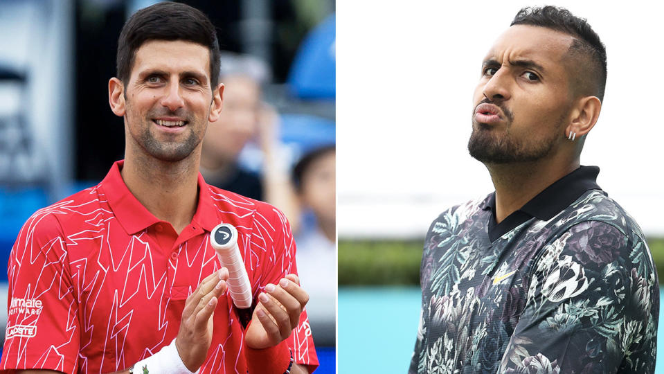 Nick Kyrgios (pictured right) looking impressed in training and Novak Djokovic (pictured left) clapping.