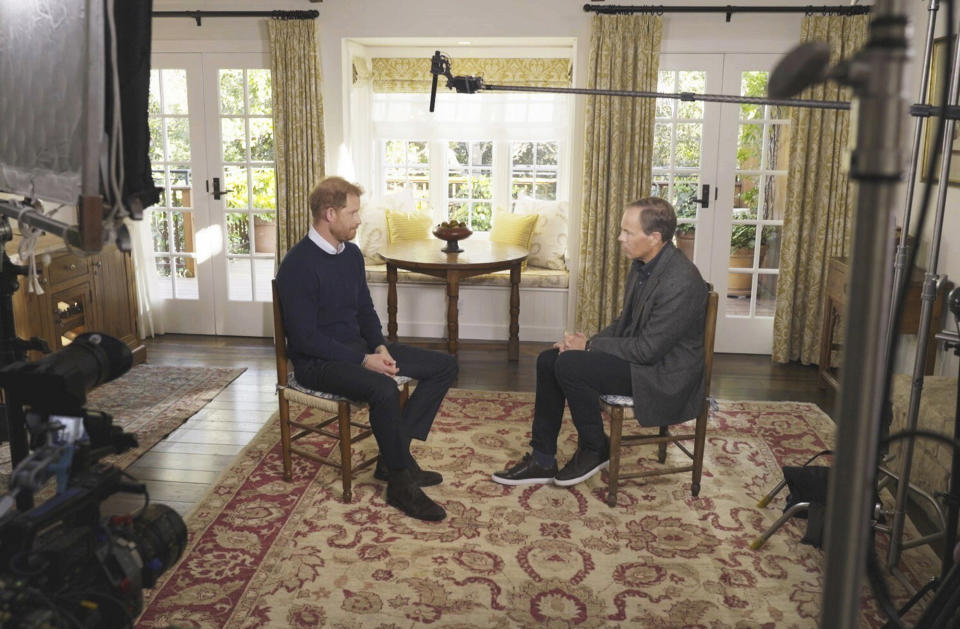 This undated screengrab issued by ITV on Friday Jan. 6, 2023 shows Britain's Prince Harry, left, speaking during an interview with ITV's Tom Bradby for the programme Harry: The Interview. (Harry: The Interview on ITV1 and ITVX at 9pm on January 8/PA via AP)