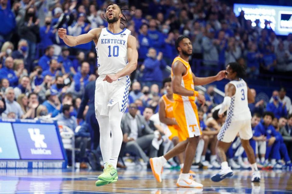 Kentucky Wildcats guard Davion Mintz (10) celebrates during a game against the Tennessee Volunteers at Rupp Arena in Lexington, Ky., Saturday, Jan. 15, 2022.