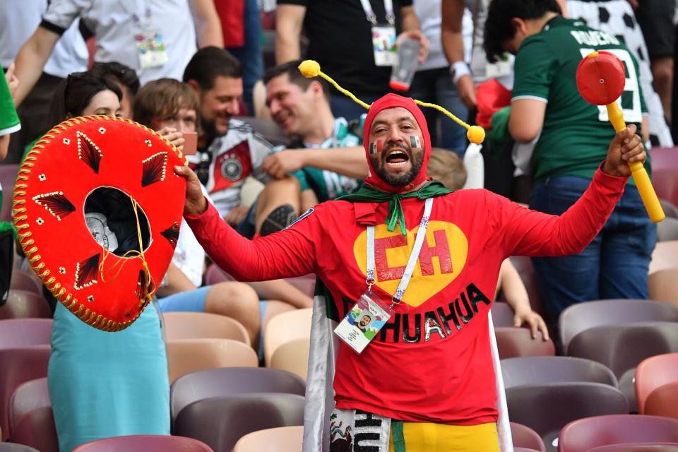 <p>Mexican fans are among the most enthusiastic with their fancy dress, and this supporter is no exception. (Getty) </p>