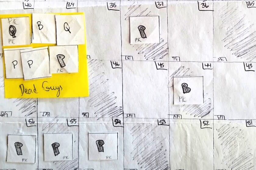 The pencil-drawn chessboard and pieces used by the author to play inmates' chess with his former fifth-grade student.