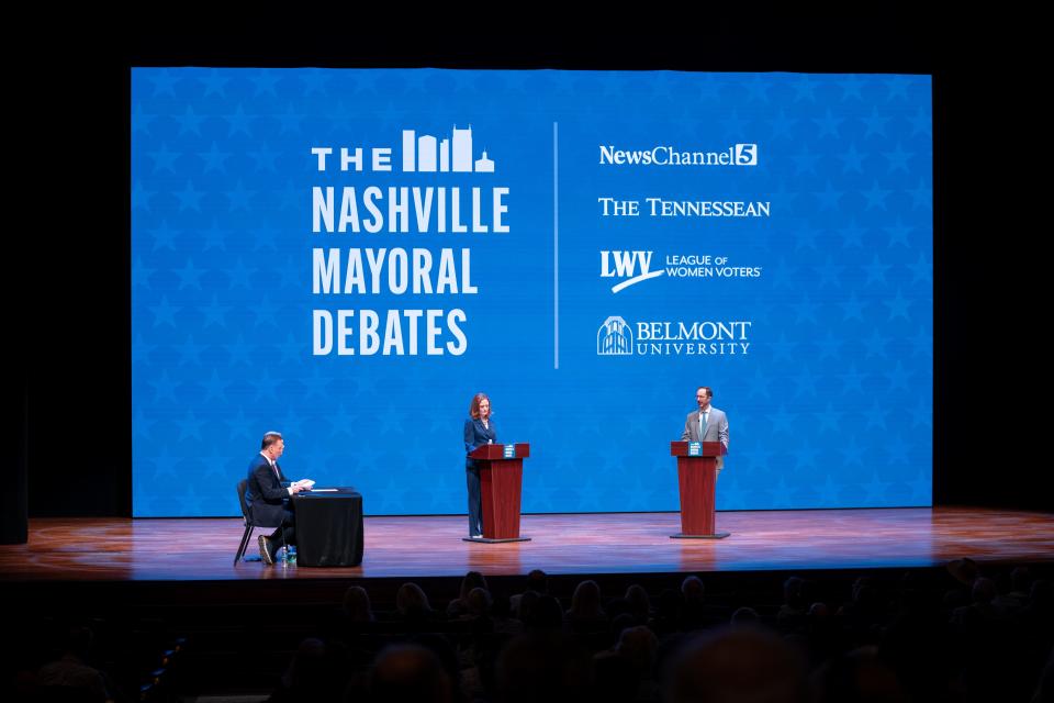 Alice Rolli and Freddie O'Connell speak during a mayoral debate at the Fisher Center for the Performing Arts in Nashville, Tenn., Thursday, Aug. 24, 2023. Metro Council Member Freddie O’Connell and former state official and businesswoman Alice Rolli will face each other in a Sept. 14 runoff election.