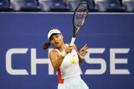 Emma Raducanu, of Britain, returns a shot to Alize Cornet, of France, during the first round of the US Open tennis championships, Tuesday, Aug. 30, 2022, in New York. (AP Photo/Frank Franklin II)