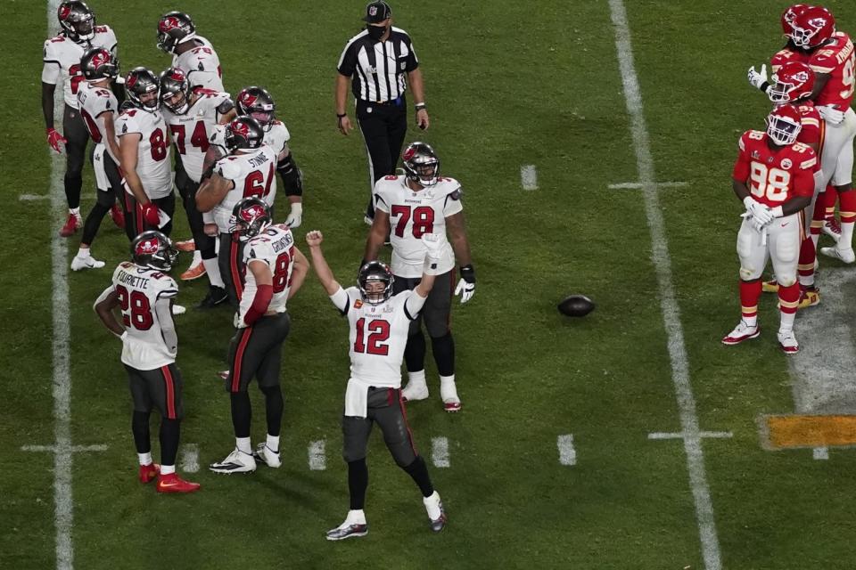 Tampa Bay quarterback Tom Brady (12) celebrates as Super Bowl LV comes to an end.