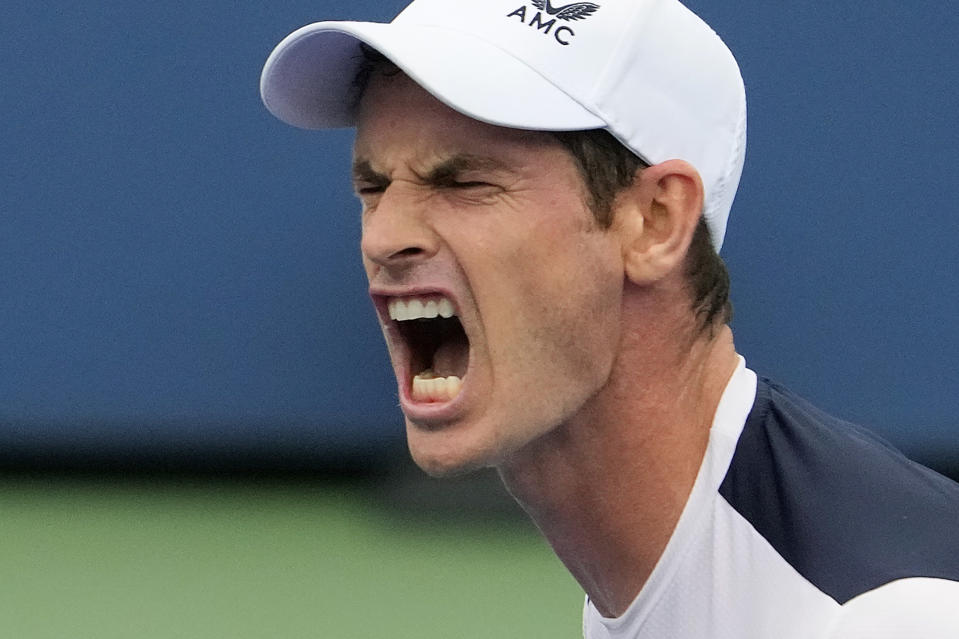 Andy Murray, of Great Britain, reacts during a match against Corentin, Moutet, of France, during the first round of the U.S. Open tennis championships, Tuesday, Aug. 29, 2023, in New York. (AP Photo/Mary Altaffer)