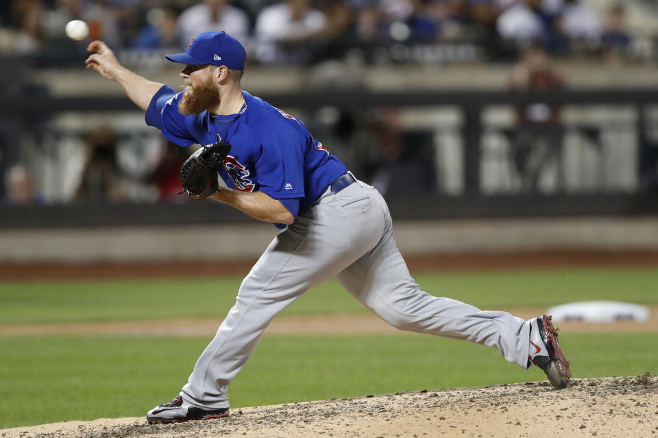 FILE - In this Aug. 29, 2019, file photo, Chicago Cubs' relief pitcher Craig Kimbrel delivers during the ninth inning of a baseball game against the New York Mets in New York. The Cubs have activated closer Kimbrel from the injured list before opening a crucial four-game series against the NL Central-leading St. Louis Cardinals. (AP Photo/Kathy Willens, File)