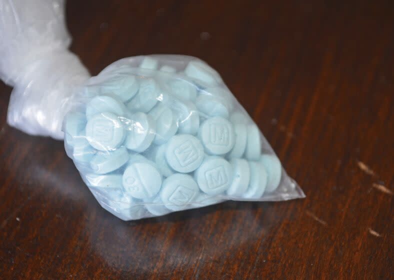 FILE - This undated file photo provided by the U.S. Drug Enforcement Administration's Phoenix Division shows a closeup of fentanyl-laced sky blue pills. Police in small city on the U.S.-Mexico border say three students have been arrested for possessing fentanyl pills on campus, including one who had over 3,000 pills with her. San Luis, Arizona, police say two 18-year-old girls and a 16-year-old boy were arrested Wednesday, June 5, 2019 after an on-campus officer found them with pills. (Drug Enforcement Administration via AP, File)