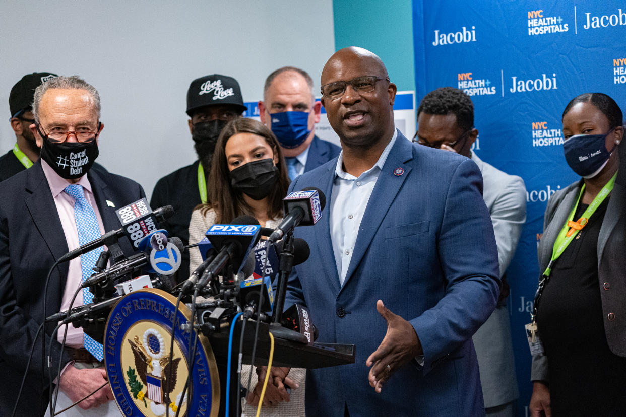 Representative Jamaal Bowman, a Democrat from New York, speaks during a news conference in the Bronx borough of New York, U.S., on Thursday, June 3, 2021. (Jeenah Moon/Bloomberg via Getty Images)