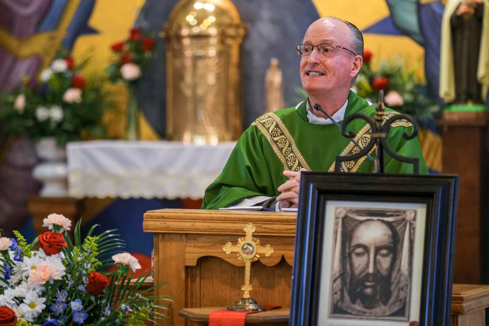 The Rev. Russell "Rusty" Hewes speaks Saturday, Feb. 11, at the last Saturday service at Holy Angels Church in Oklahoma City.