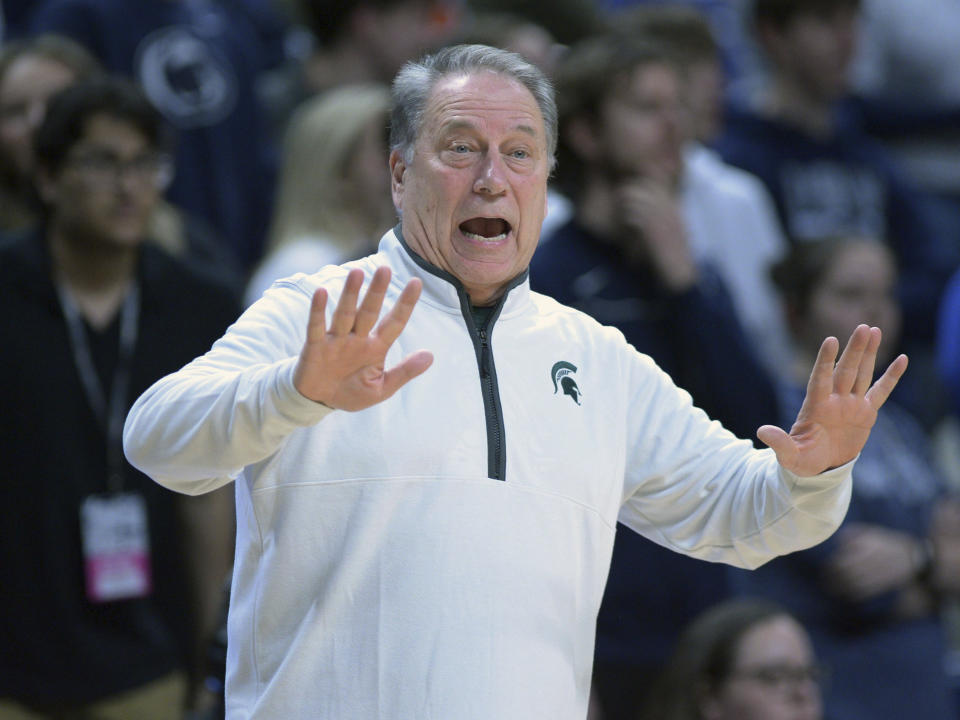 Michigan State head coach Tom Izzo gives his players instructions during the first half of an NCAA college basketball game with Penn State Wednesday, Feb. 14, 2024, in State College, Pa. (AP Photo/Gary M. Baranec)