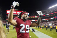 San Francisco 49ers safety Talanoa Hufanga (29) celebrates after an NFL football game against the Los Angeles Rams in Santa Clara, Calif., Monday, Oct. 3, 2022. (AP Photo/Godofredo A. Vásquez)