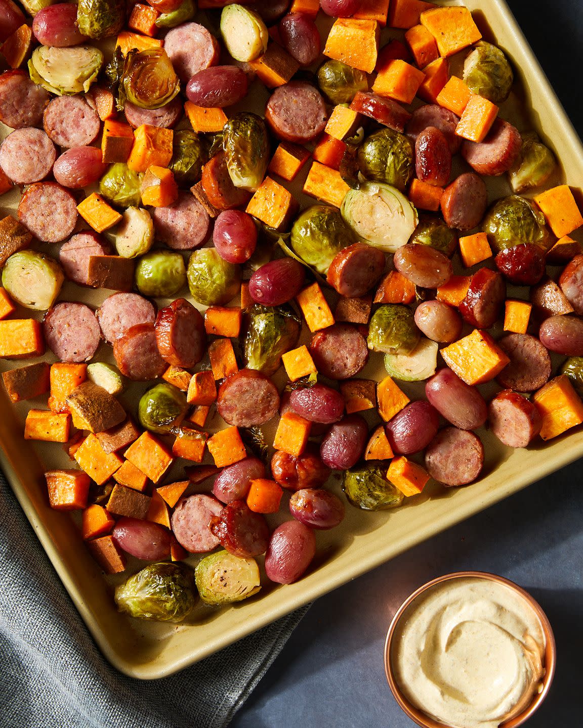 autumn kielbasa sheet pan bake with creamy curry dijon sauce