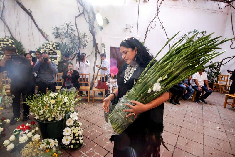 Mexican Minister of Culture Alejandra Frausto arrives to lay flowers at the memorial for late Mexican graphic artist Francisco Toledo at the Graphic Arts Institute of Oaxaca (IAGO) in Oaxaca