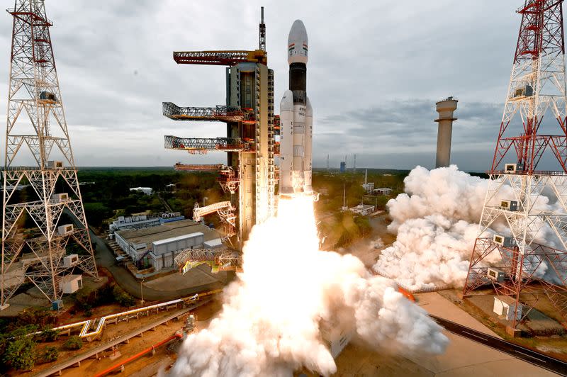 India's Geosynchronous Satellite Launch Vehicle Mk III-M1 blasts off carrying Chandrayaan-2 from the Satish Dhawan space centre at Sriharikota