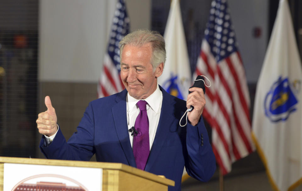 Congressman Richard Neal celebrates his victory in the Democratic primary over challenger, Holyoke Mayor Alex Morse, Tuesday, Sept. 1, 2020, in Springfield, Mass. (Don Treeger/The Republican via AP)