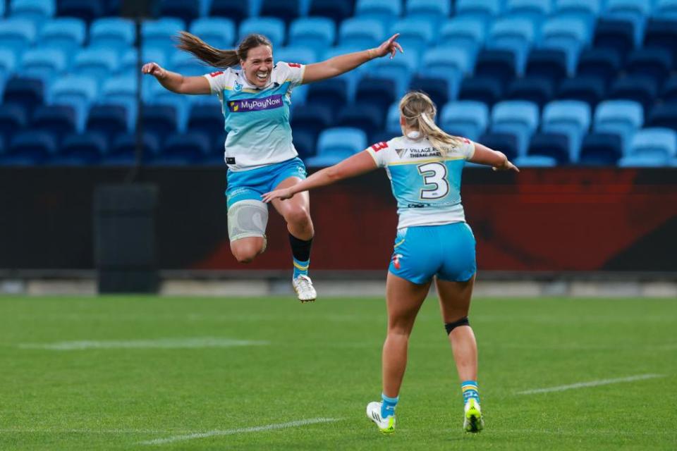 Evania Pelite celebrates the Titans’ semi-final win over the Roosters.